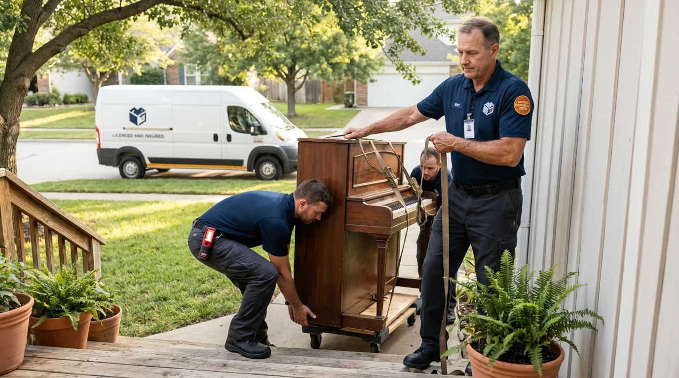 Licensed piano movers securing grand piano in Bakerstown, PA
