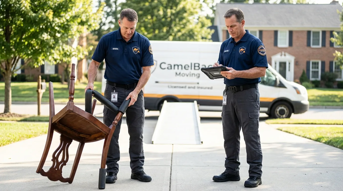Movers inspecting furniture for damage prevention before loading in Bakerstown, PA